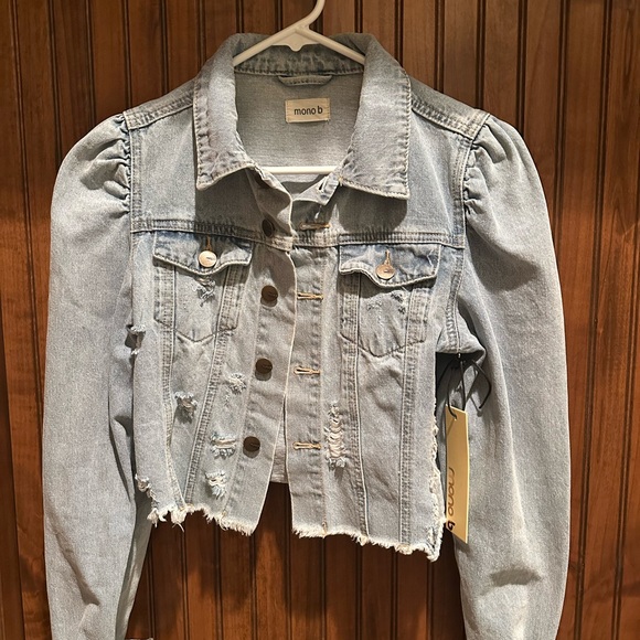 Mono B Jackets & Blazers - Mono B Distressed Denim Jacket in Light Blue